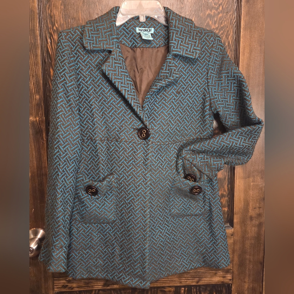Kenzie Girl Stylish Blue & Brown Herringbone  Patterned Women's Pea Coat